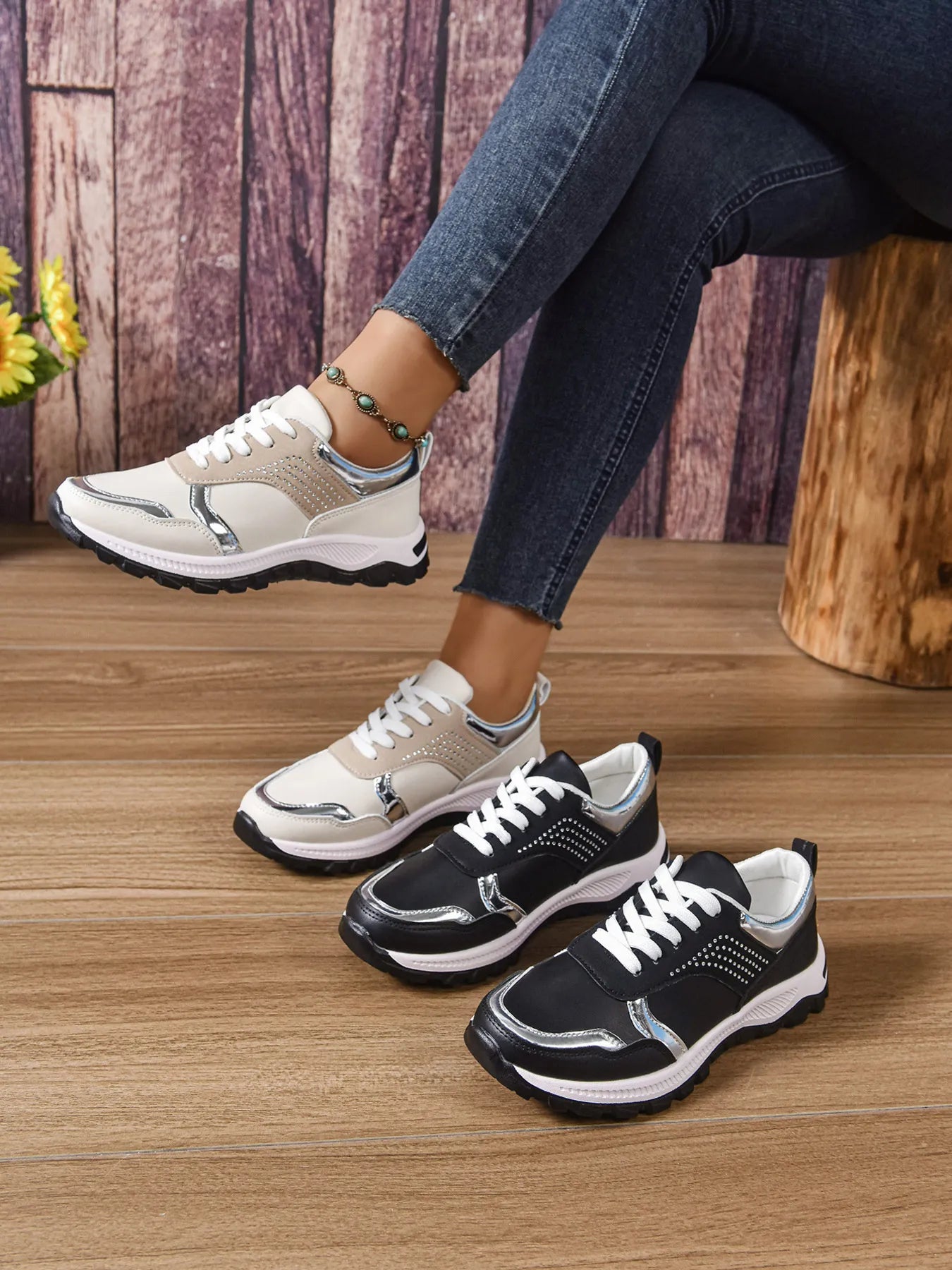 Lace Up Round Toe Sneakers Beige - Fashorio