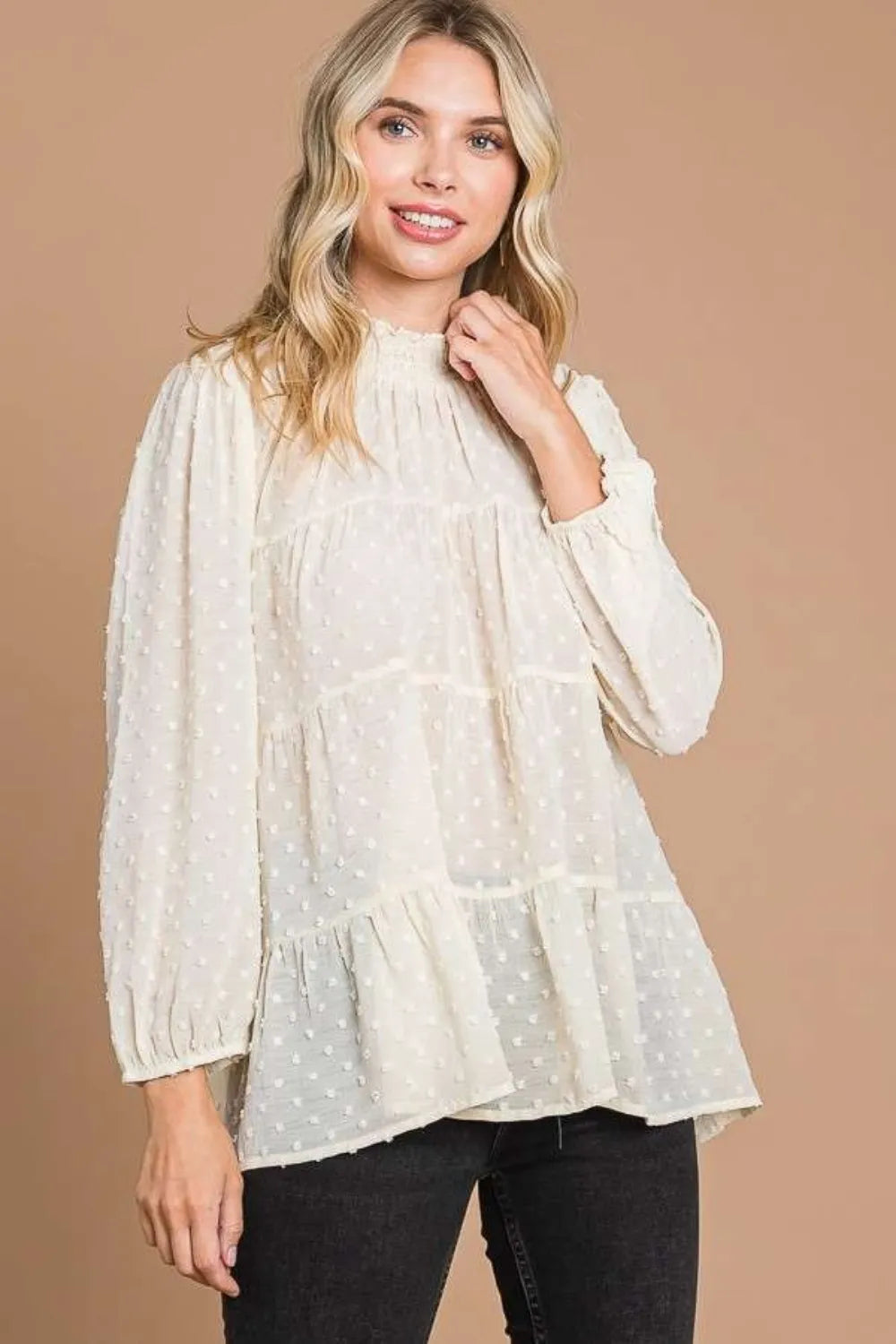 Culture Code Full Size Swiss Dot Smocked Mock Neck Blouse Plus Size - Fashorio