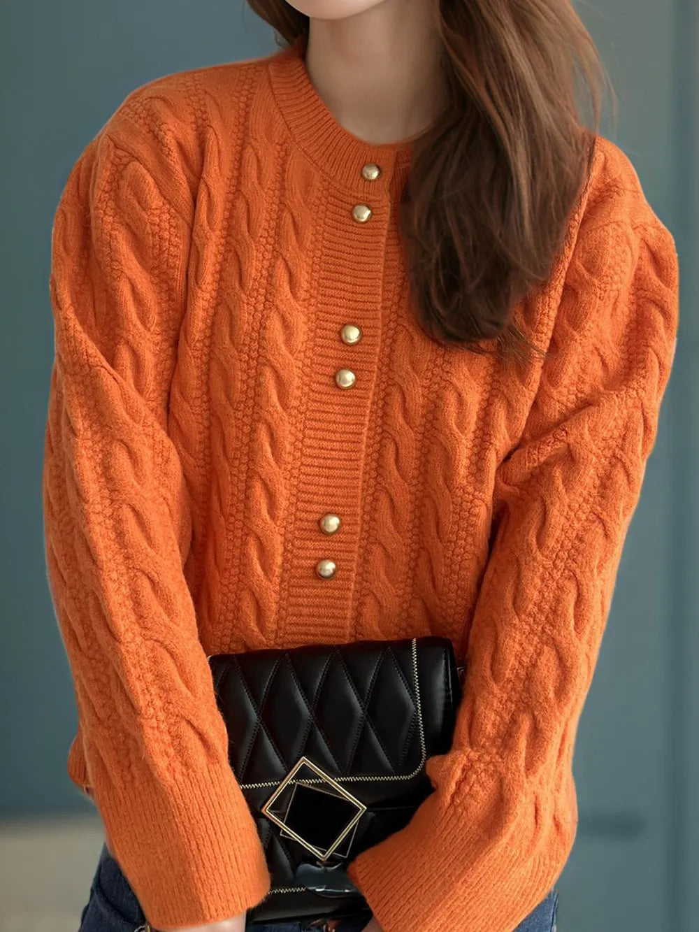 Cable-Knit Round Neck Long Sleeve Cardigan - Fashorio
