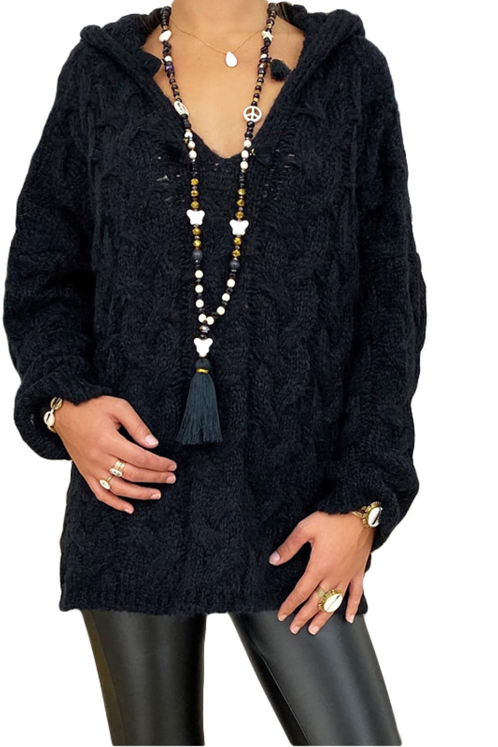 Cable-Knit Hooded Sweater Black - Fashorio