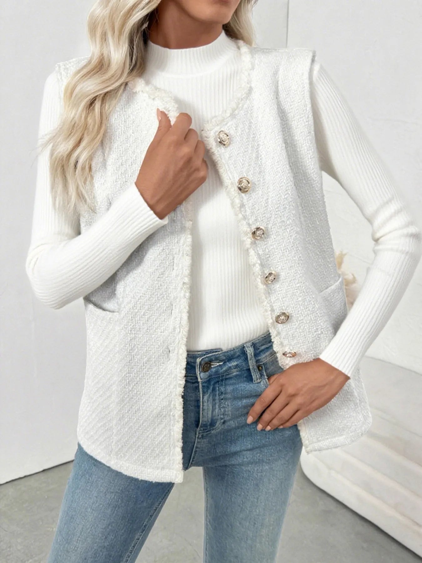 Textured Button-Front Vest with Raw Edge - Fashorio