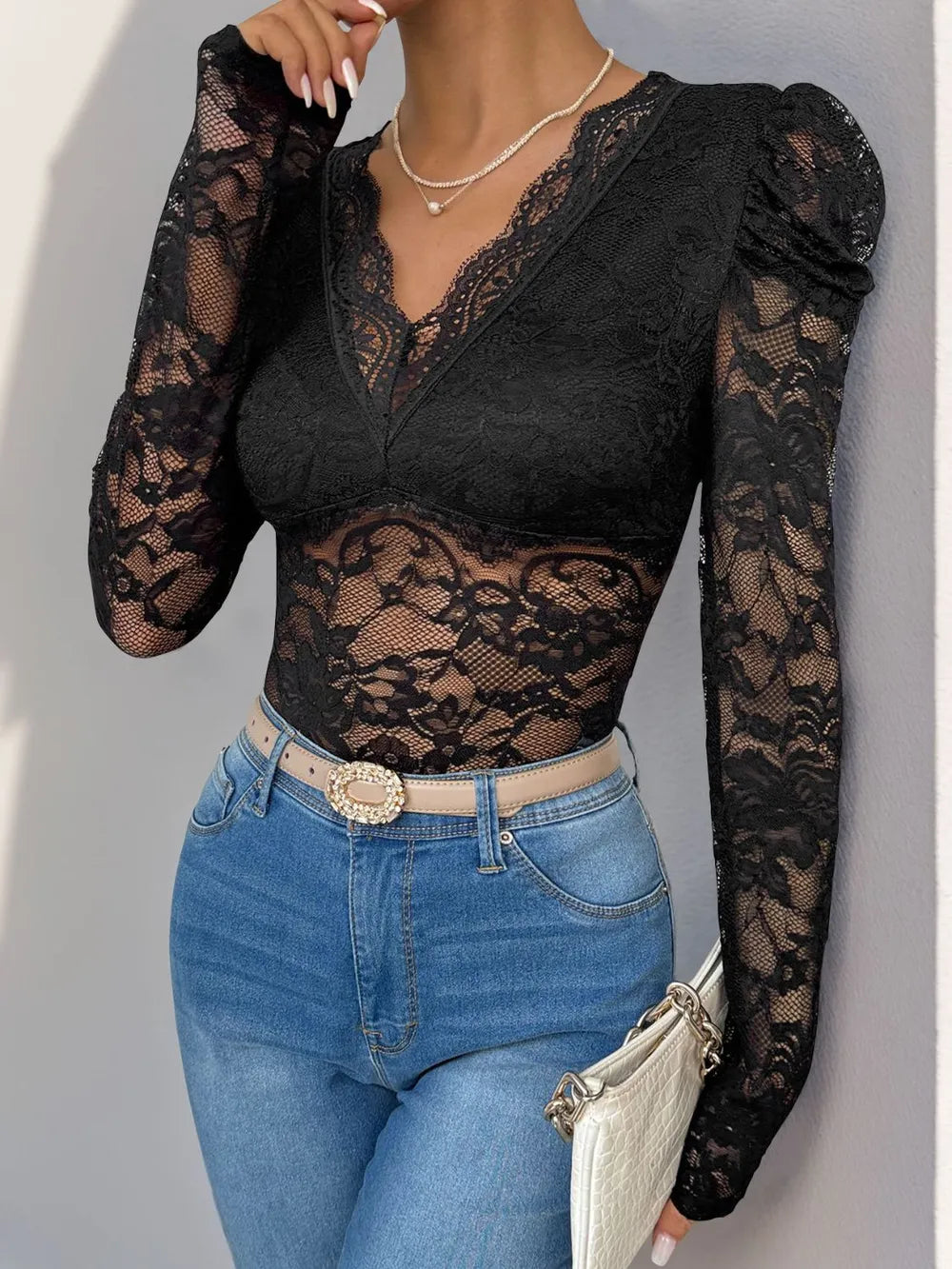 Perfee Lace V-Neck Long Sleeve Bodysuit Black - Fashorio