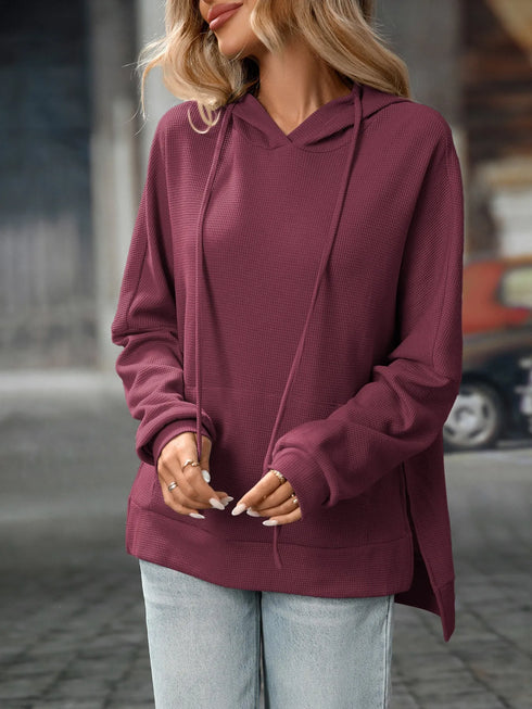 Textured Drawstring Long Sleeve Hoodie Plum Purple - Fashorio