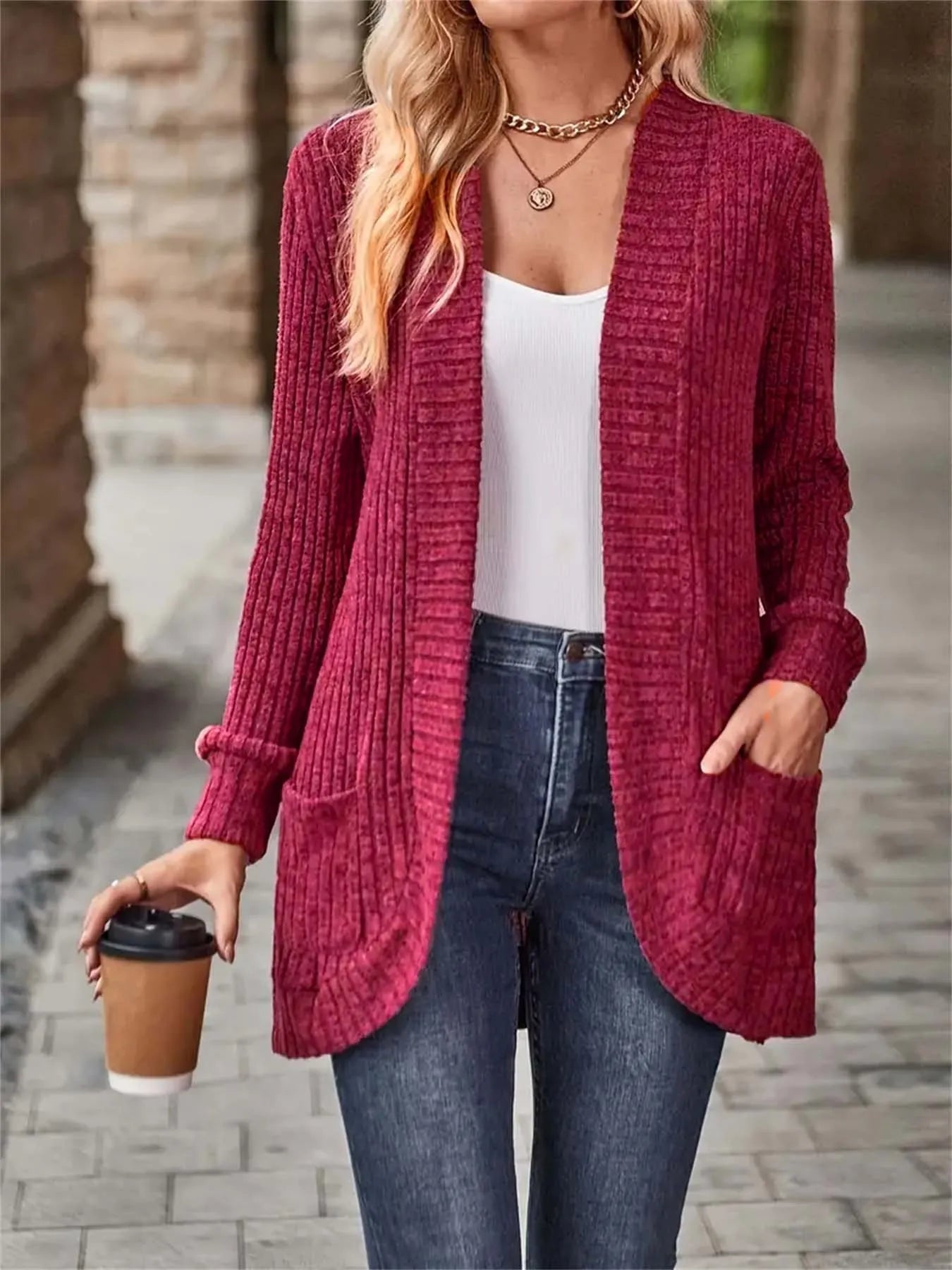 Ribbed Open Front Long Cardigan with Pockets - Fashorio