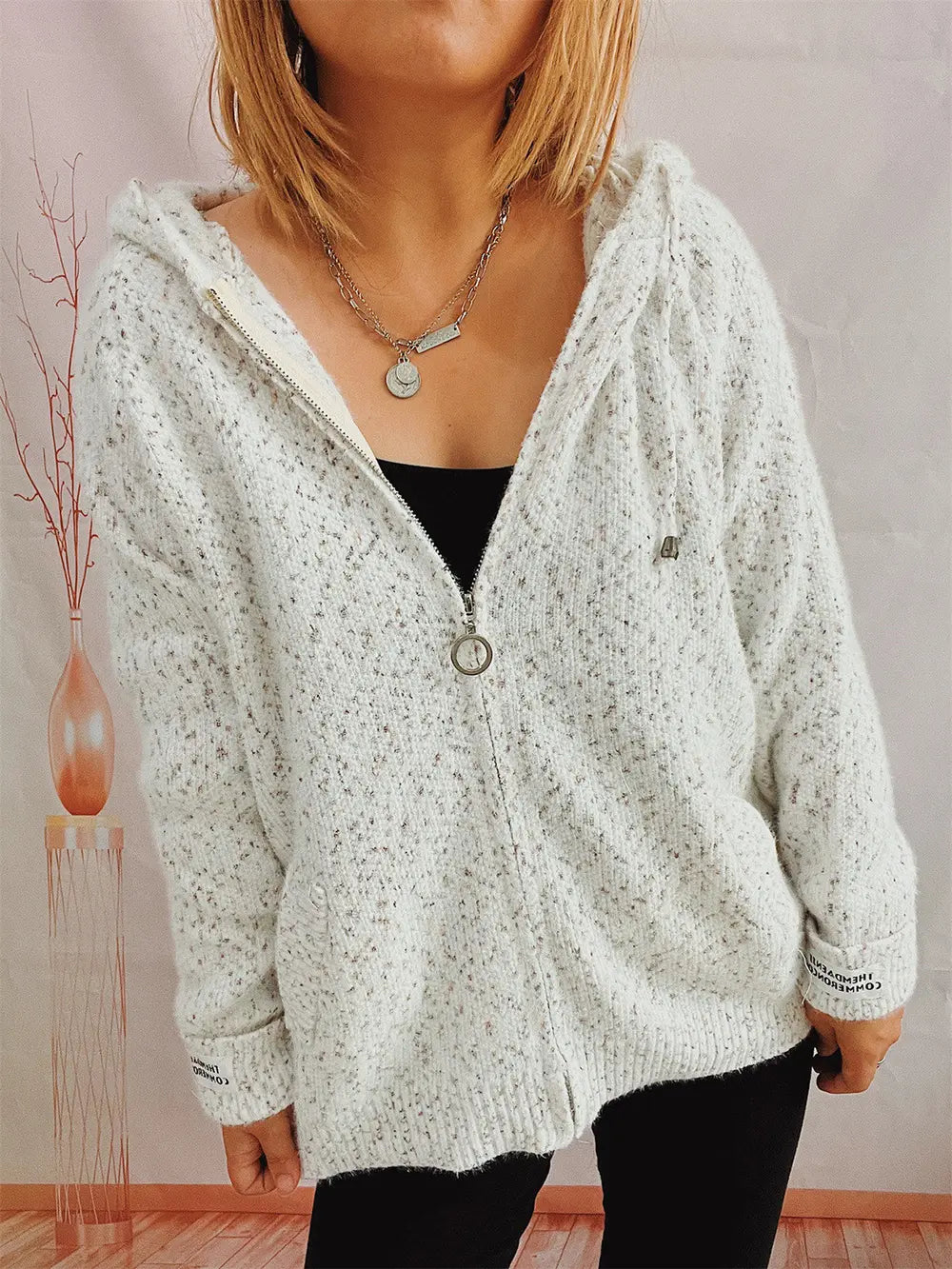 Zip Up Drawstring Long Sleeve Hooded Sweater - Fashorio