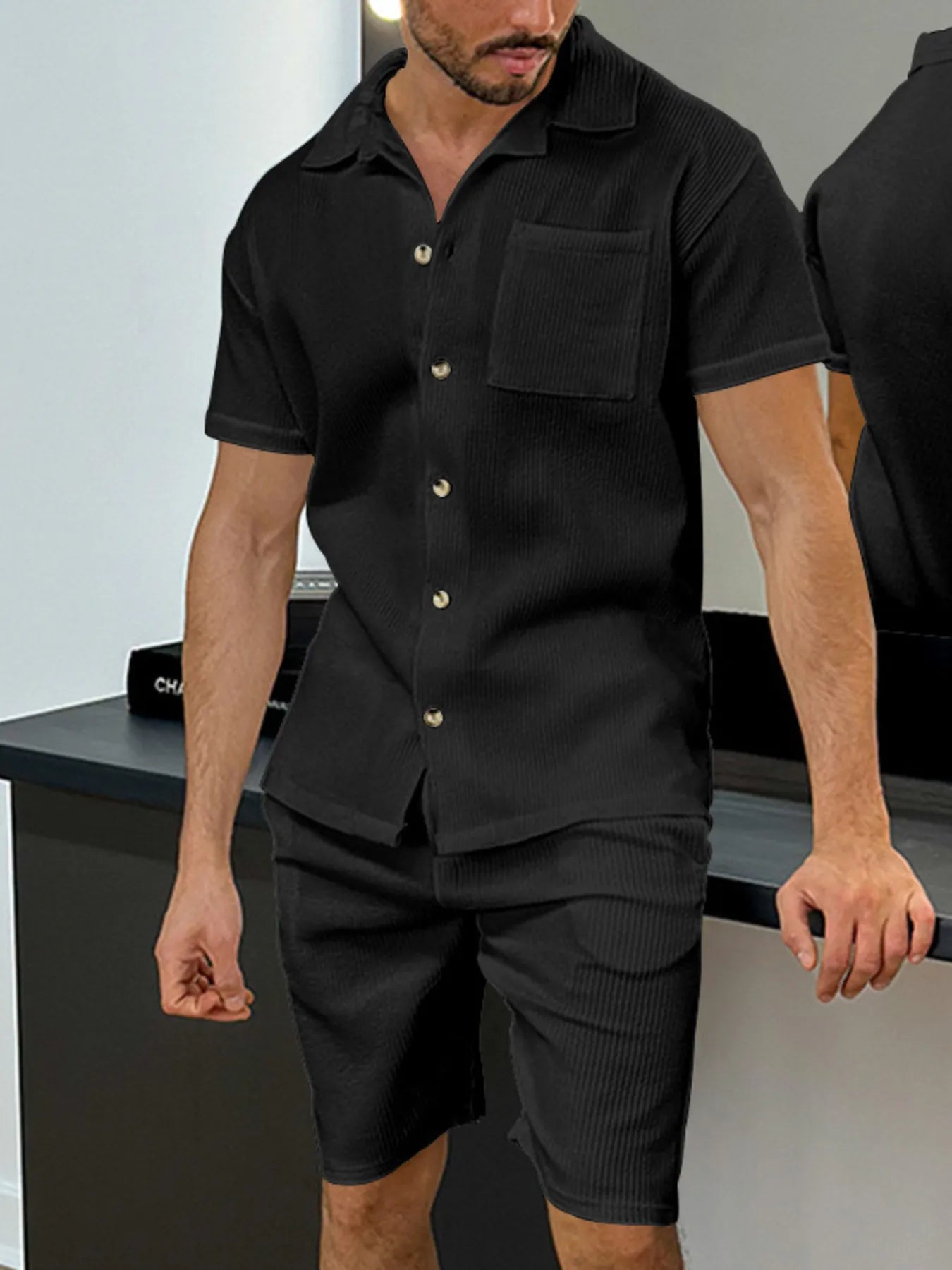 Men's Full Size Button Up Top and Shorts Set Plus Size Black - Fashorio