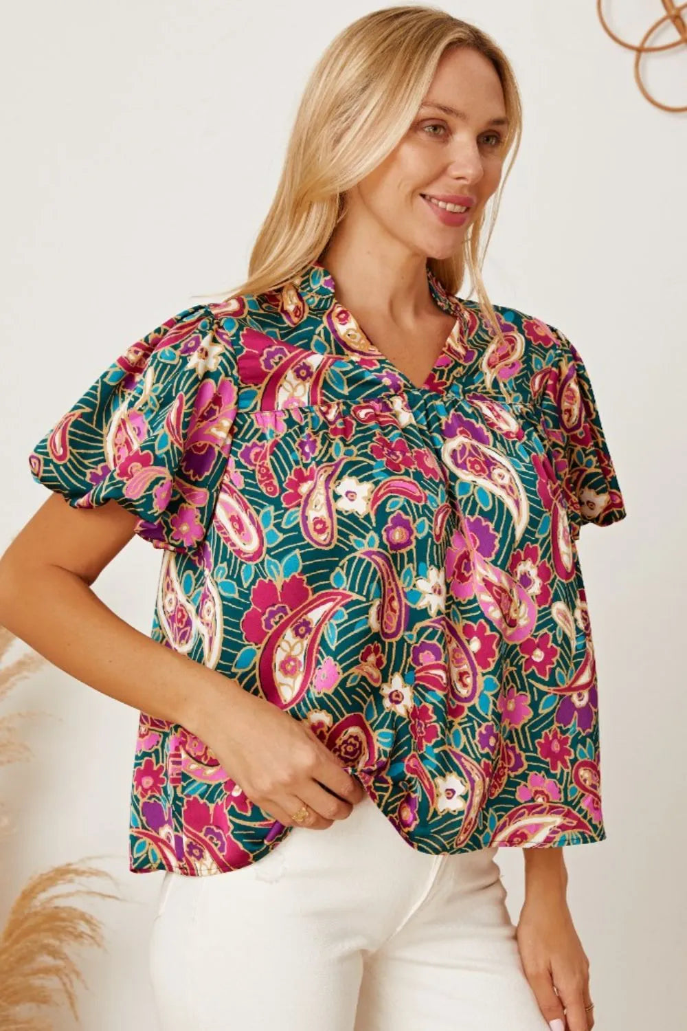 Floral Collared Neck Short Sleeve Blouse - Fashorio
