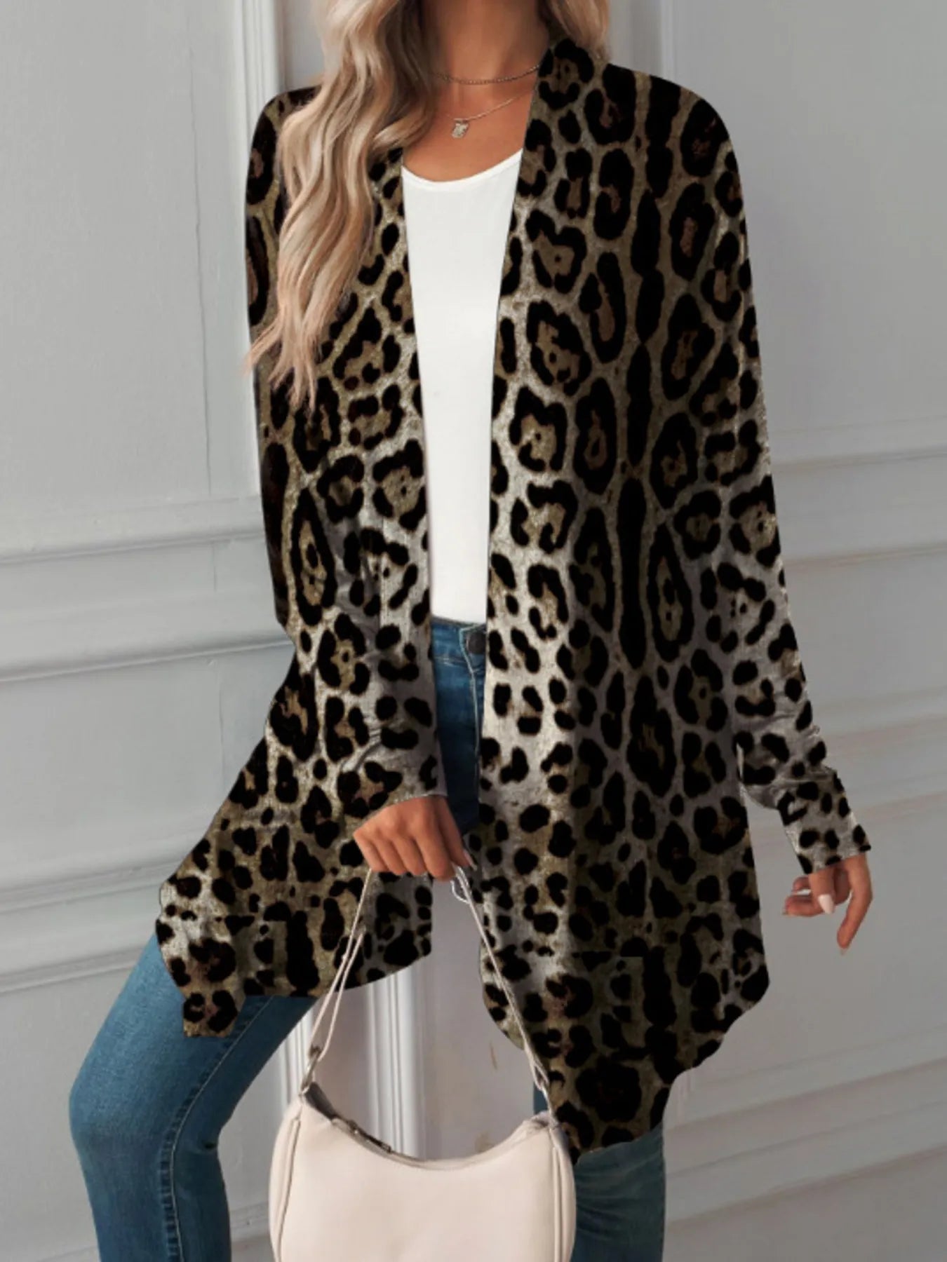 Leopard Print Long Open Front Cardigan - Fashorio
