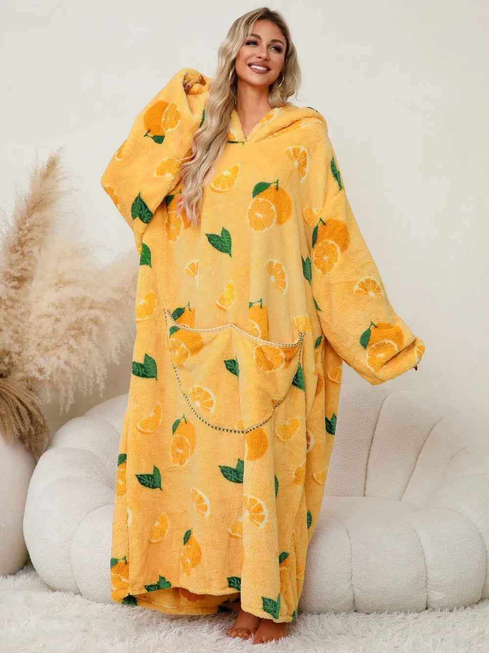 Fuzzy Pocketed Long Sleeve Hooded Lounge Dress - Fashorio