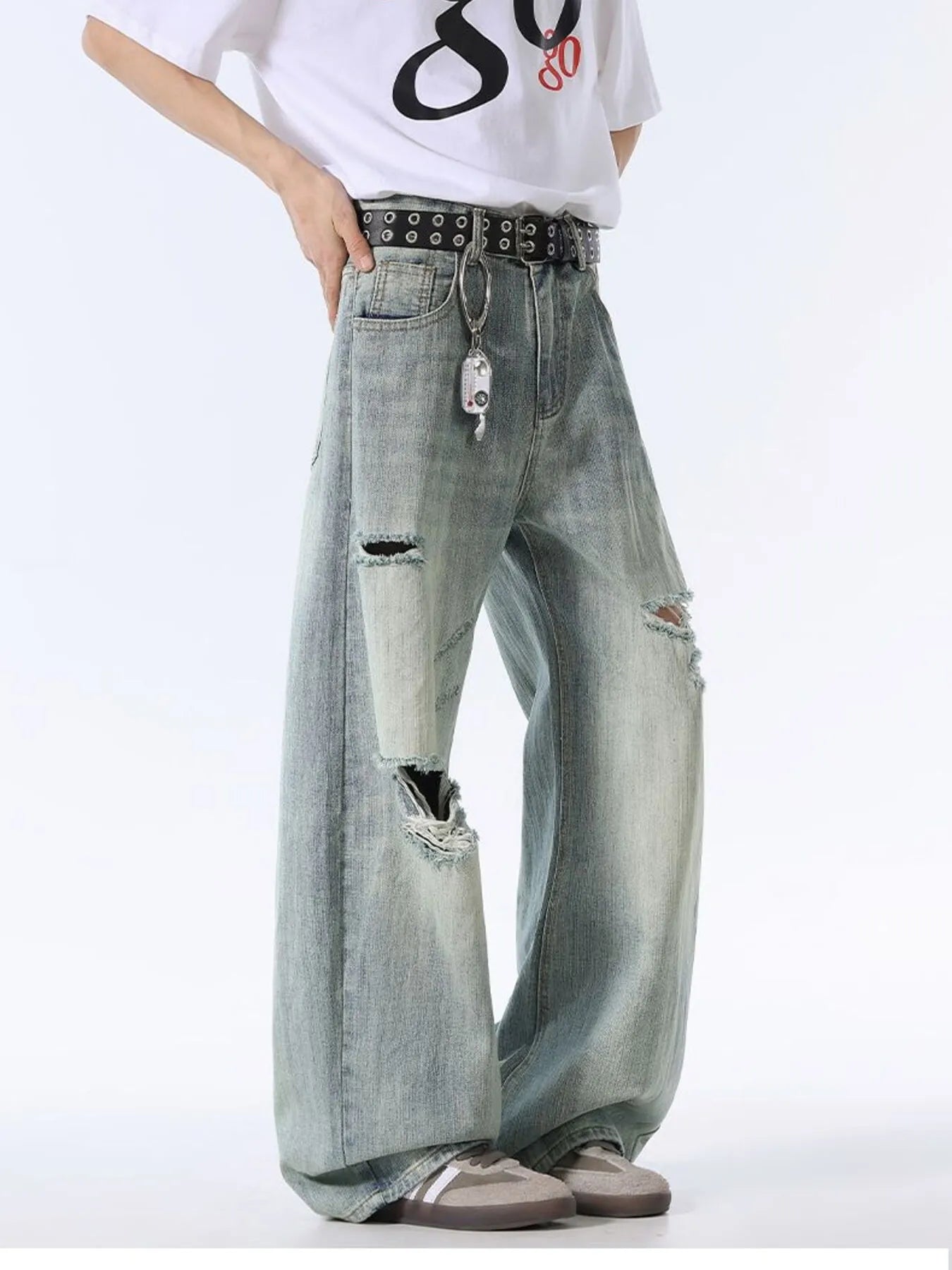 Men's Full Size Distressed Washed Wide Leg Jeans Plus Size - Fashorio