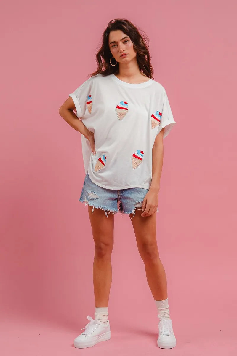 BiBi Solid Terry With Fourth Of July Theme Patched Top - Fashorio
