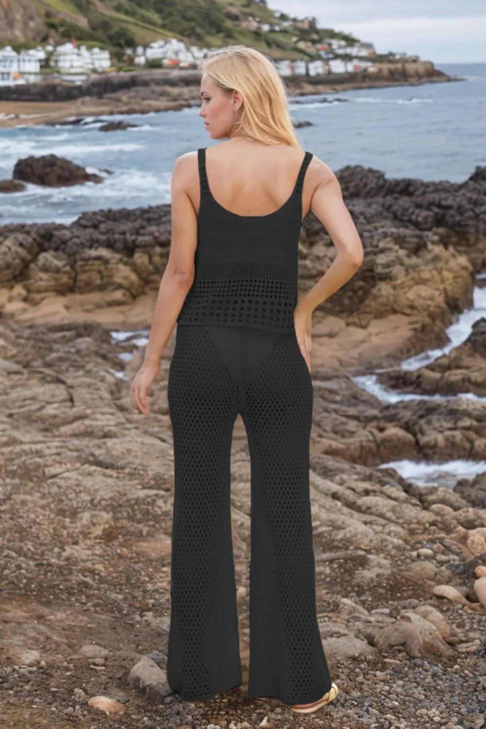 Hollow Out Round Neck Top and Pants Sweater Cover Up Set - Fashorio
