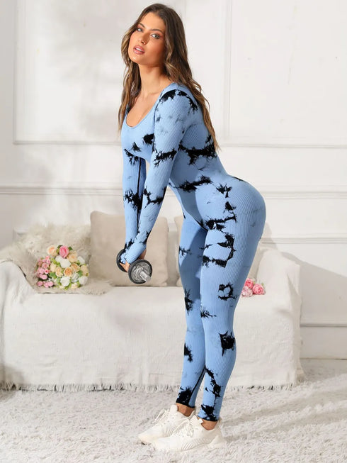 Scoop Neck Long Sleeve Active Jumpsuit Light Blue - Fashorio