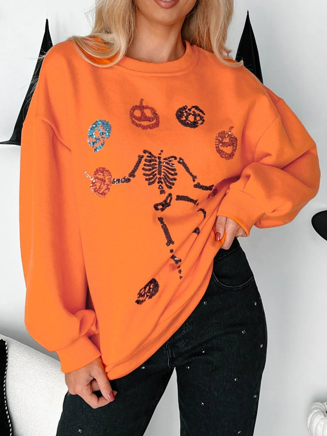 Halloween Skeleton Pumpkin Sweatshirt Orange - Fashorio