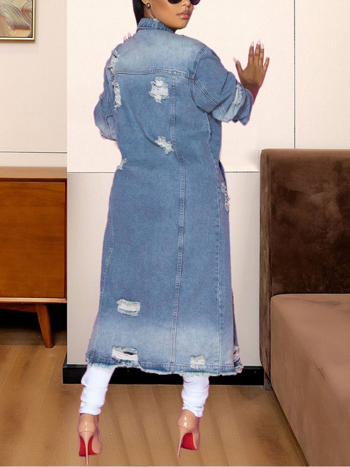Long Sleeve Raw Hem Denim Jacket - Fashorio