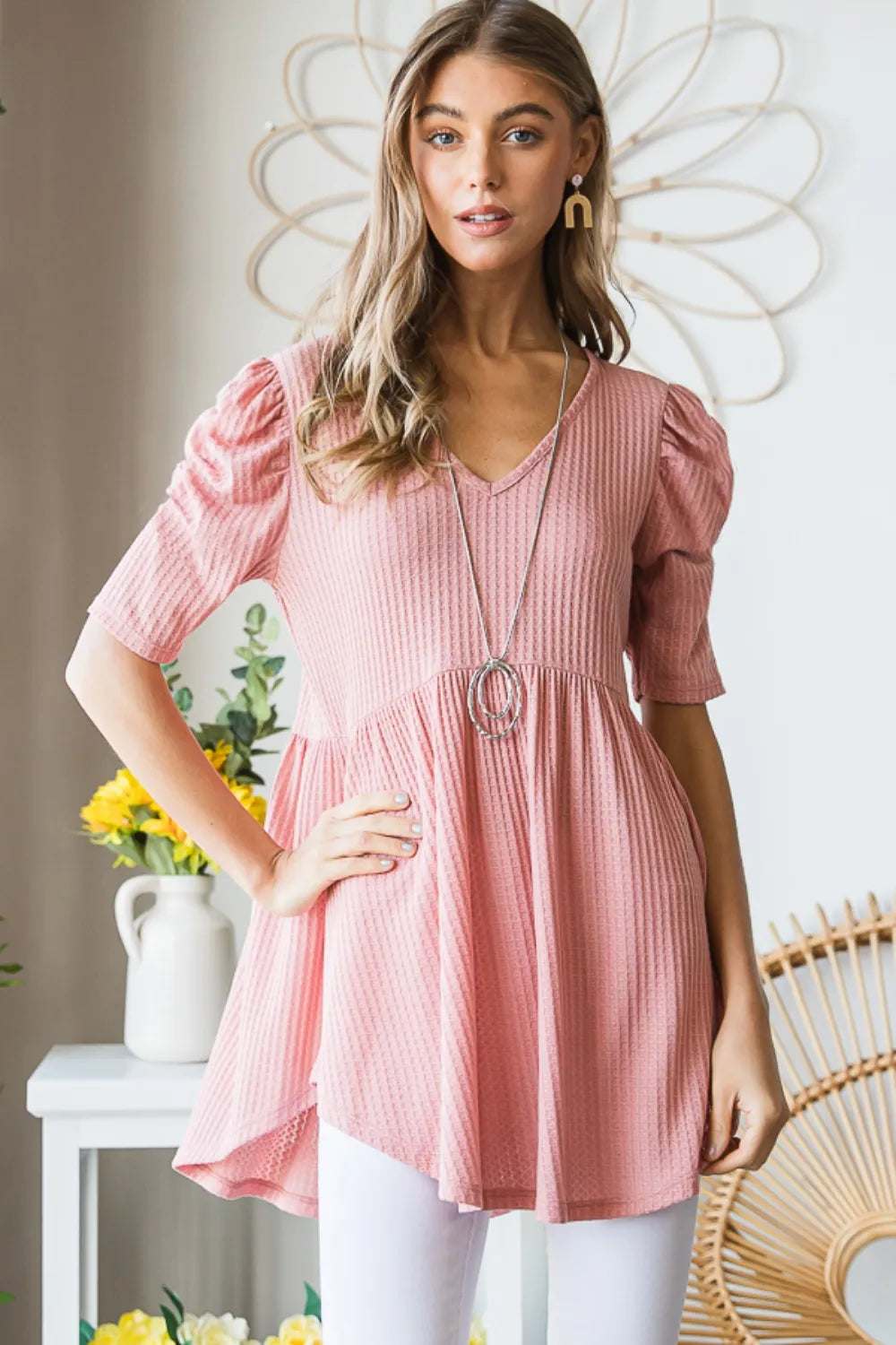 Heimish Full Size Waffle Knit V-Neck Babydoll Top - Fashorio