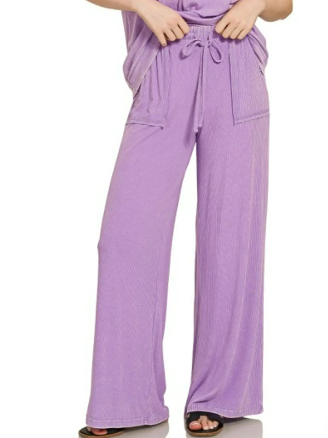 Zenana Ribbed Acid Wash Rayon Top & Pants Set - Fashorio