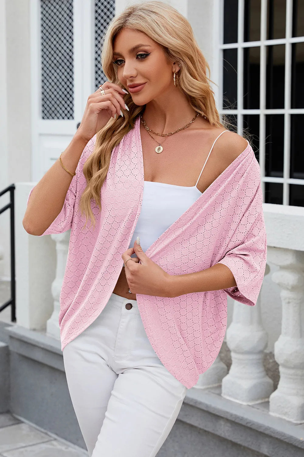Eyelet Open Front Half Sleeve Cardigan - Fashorio
