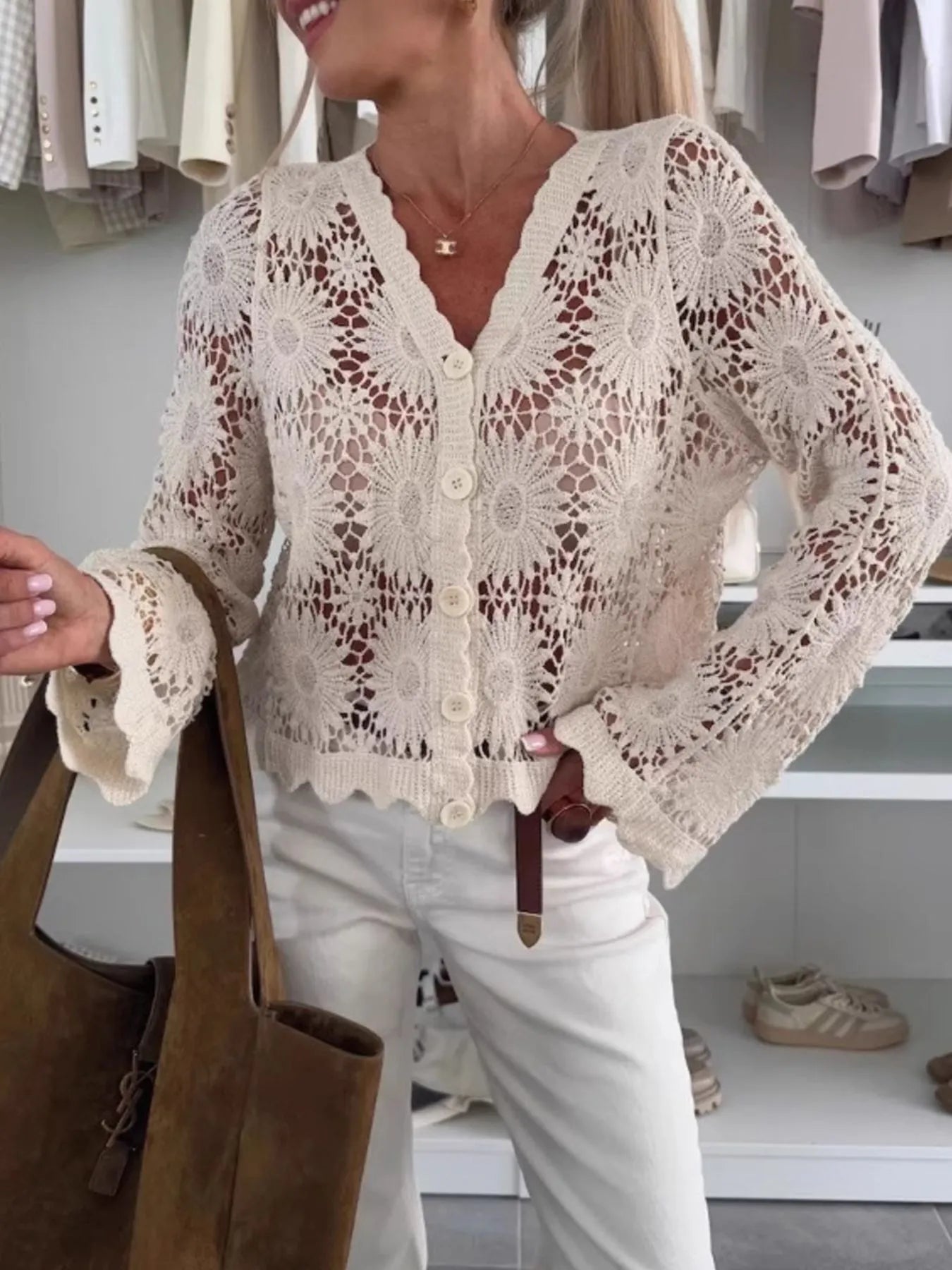 Lace V-Neck Button-Up Cardigan - Fashorio