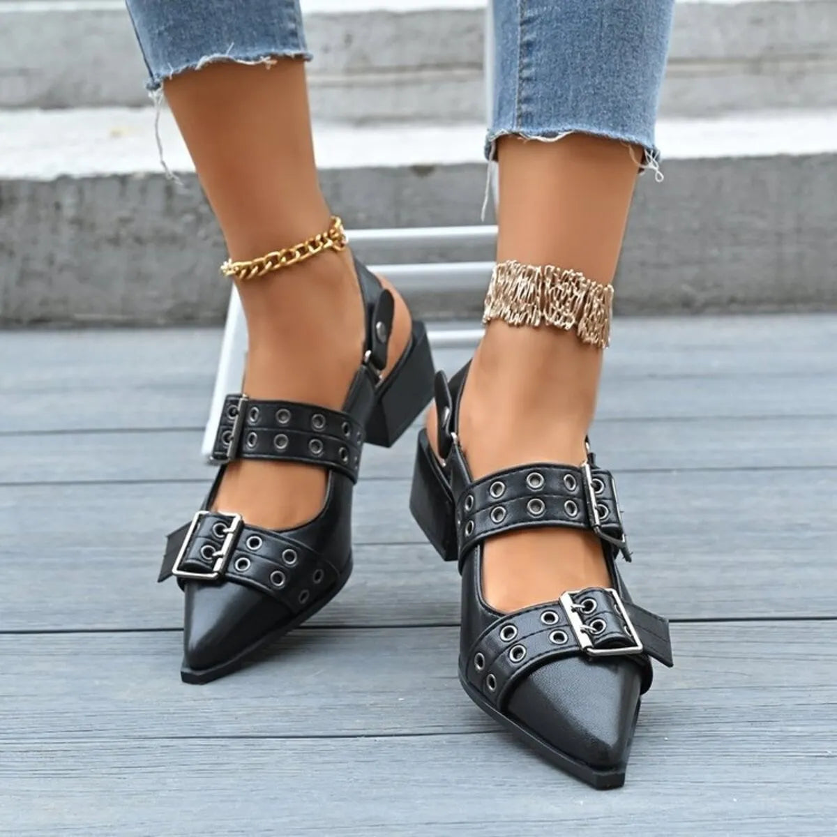 Point Toe Block Heels Slingback Pumps - Fashorio