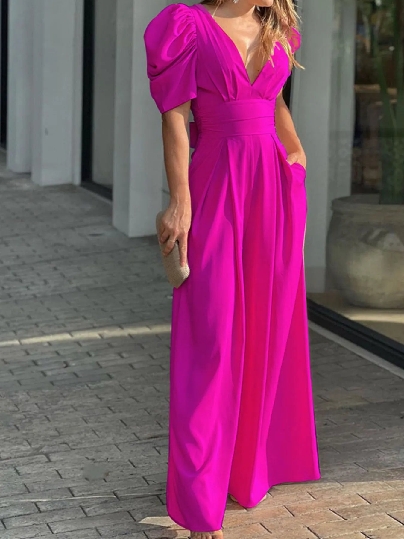 Full Size Cutout V-Neck Puff Sleeve Jumpsuit Plus Size Rose Red - Fashorio