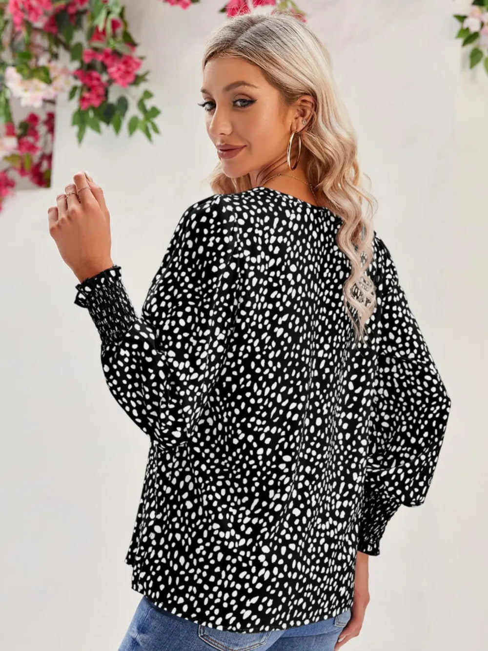 Printed V-Neck Lantern Sleeve Blouse - Fashorio