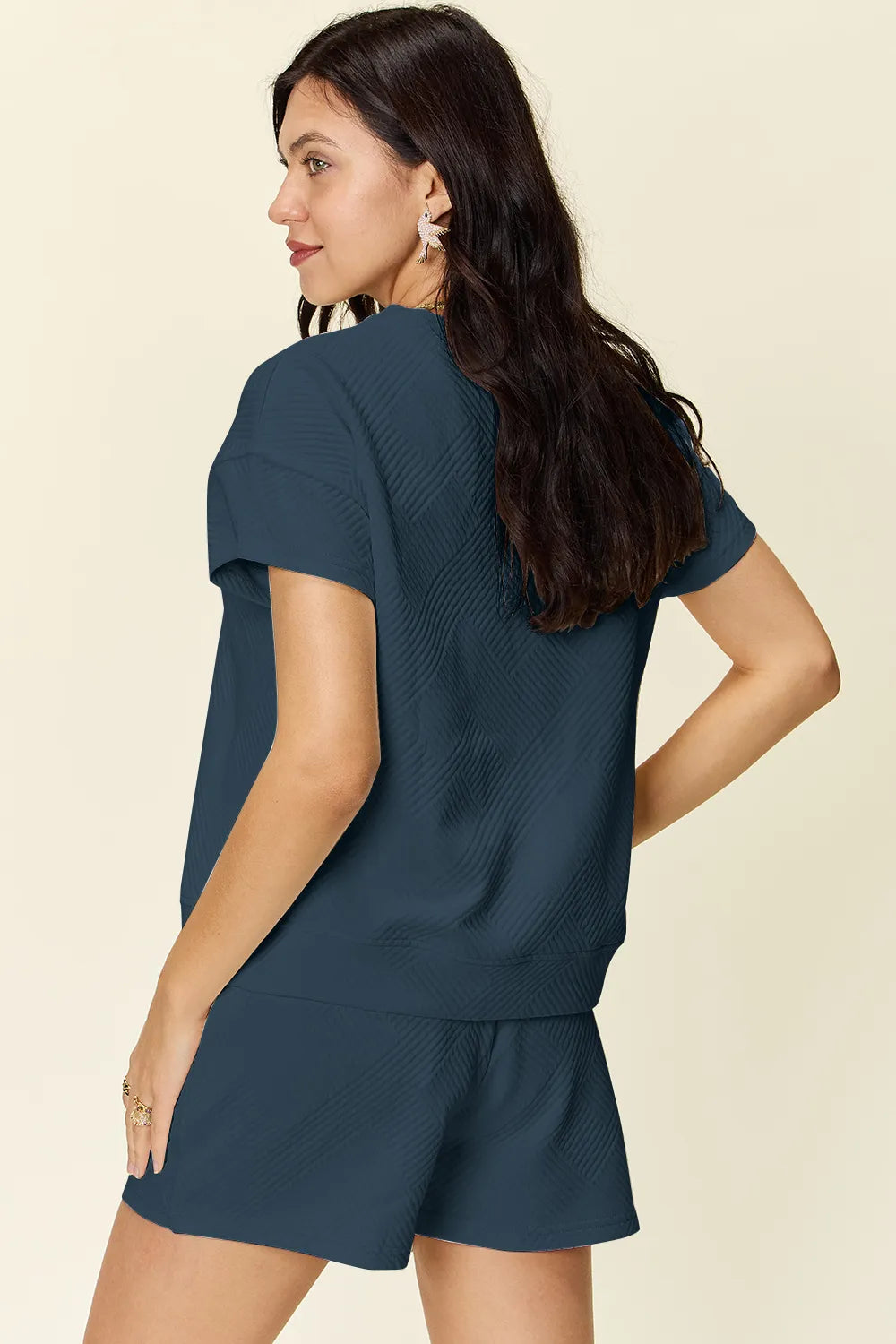 Double Take Full Size Texture Short Sleeve T-Shirt and Drawstring Shorts Set - Fashorio