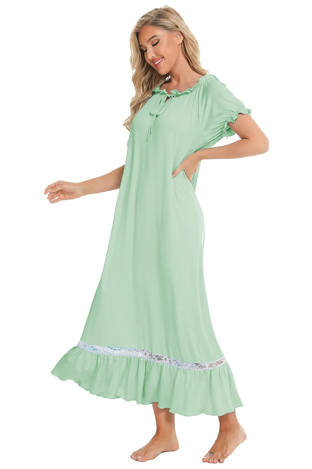 Lace Detail Short Sleeve Lounge Dress - Fashorio