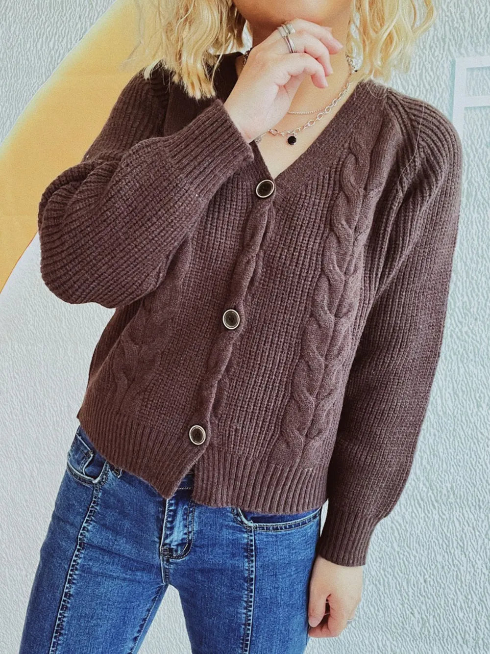Cable-Knit V-Neck Button Down Long Sleeve Cardigan - Fashorio