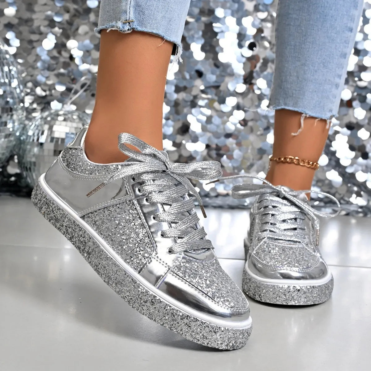 Round Toe Lace Up Sneakers Silver - Fashorio