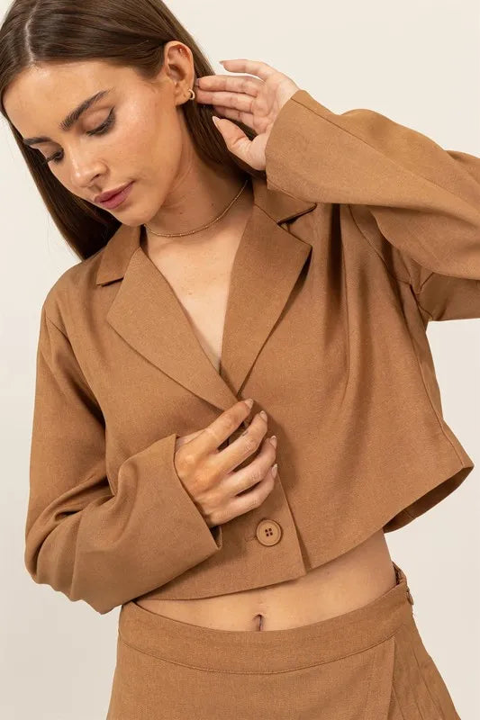 HYFVE Cropped Button-Down Blazer KHAKI - Fashorio