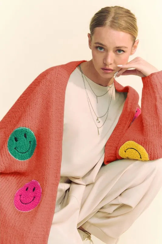 Davi & Dani Fuzzy Smile Open Front Long Sleeve Cardigan - Fashorio