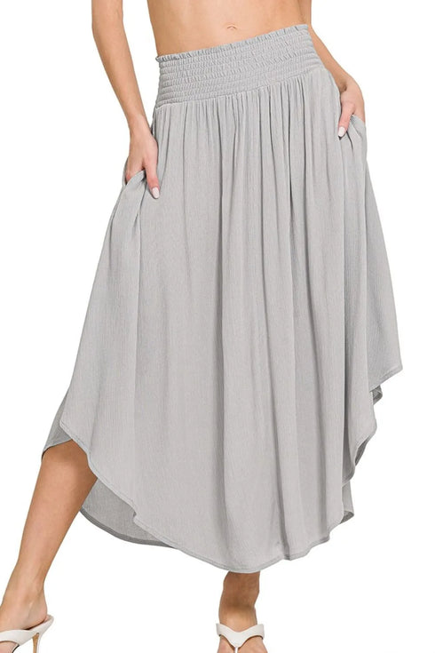 Zenana Woven Crinkle Smocked Waist Maxi Skirt W Pockets LT GREY - Fashorio
