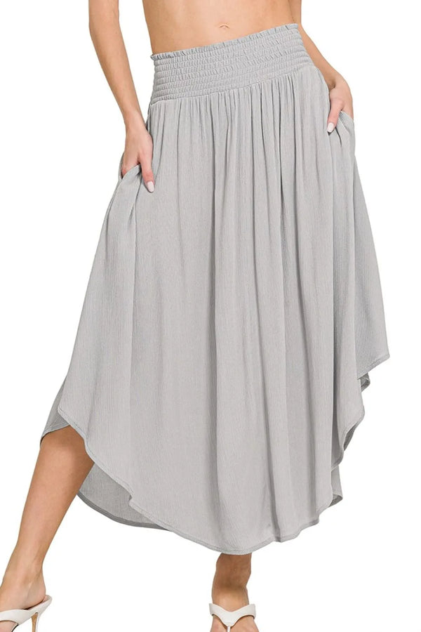 Zenana Woven Crinkle Smocked Waist Maxi Skirt W Pockets LT GREY - Fashorio