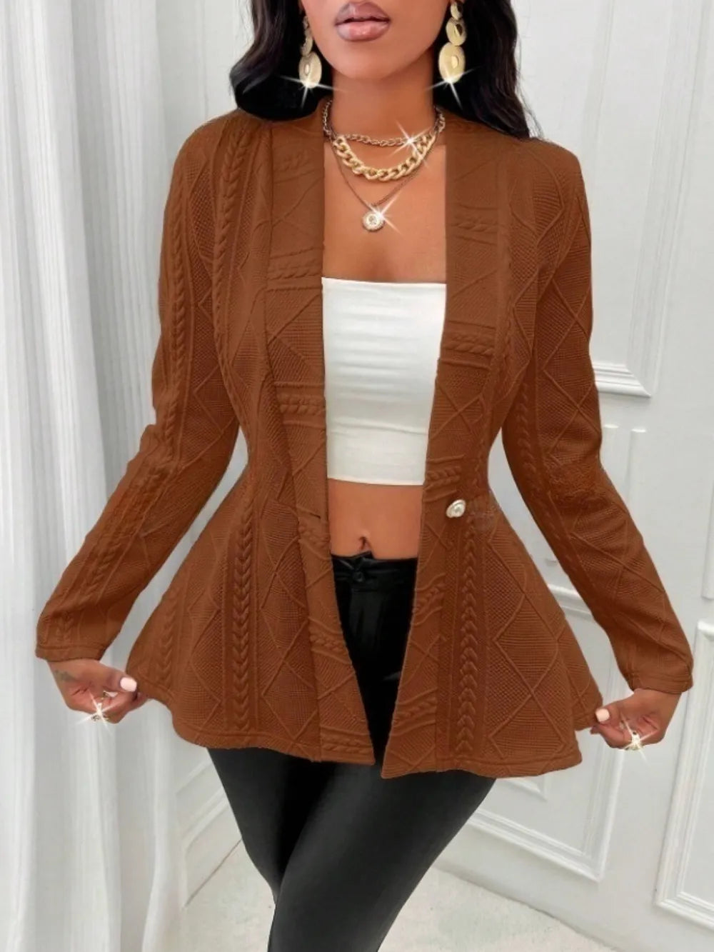 One Button Textured Peplum Cardigan - Fashorio