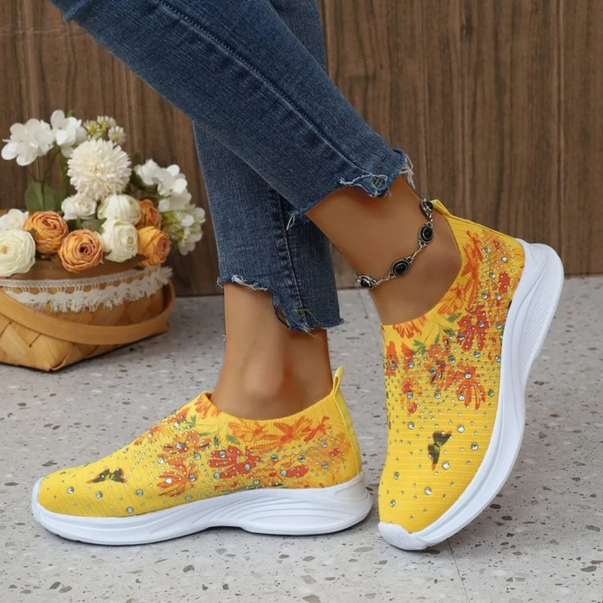 Rhinestone Floral Print Sneakers Yellow - Fashorio