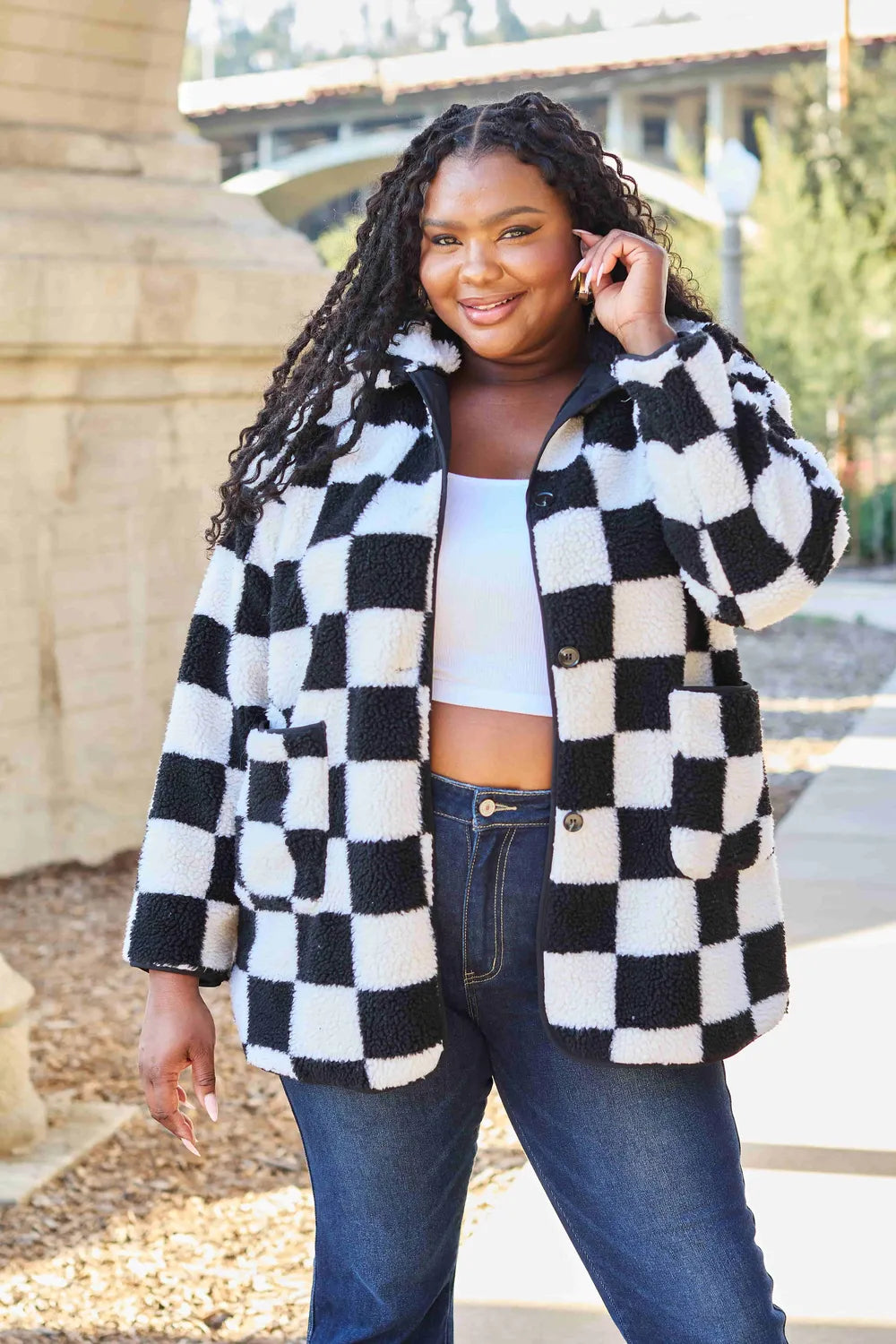 Double Take Full Size Checkered Button Front Coat with Pockets - Fashorio
