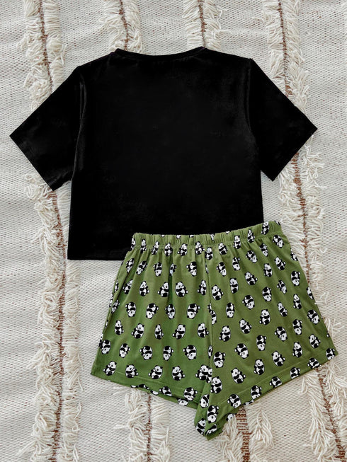 Graphic Tee and Panda Print Shorts Lounge Set - Fashorio