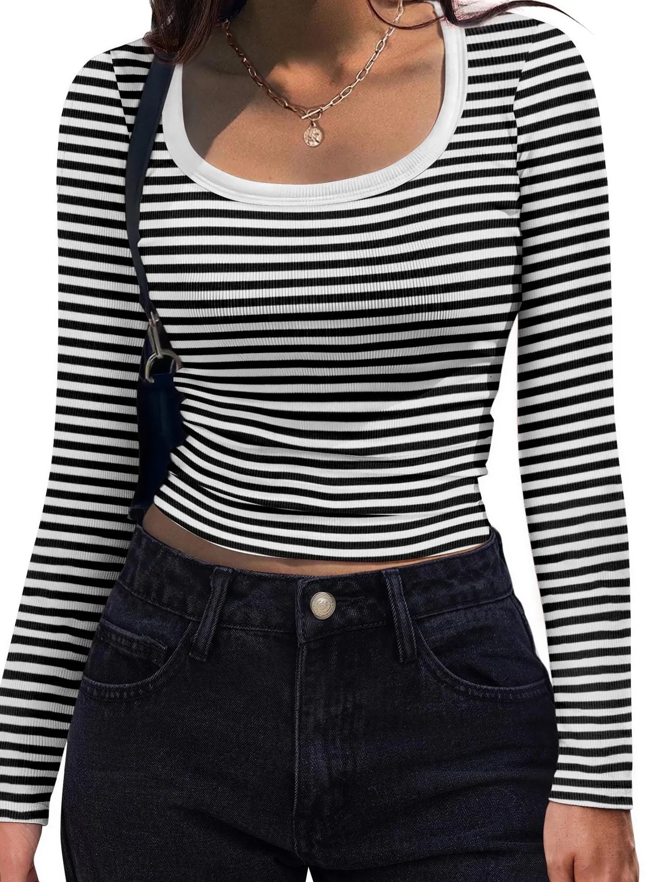 Striped Long Sleeve Scoop Neck T-Shirt - Fashorio