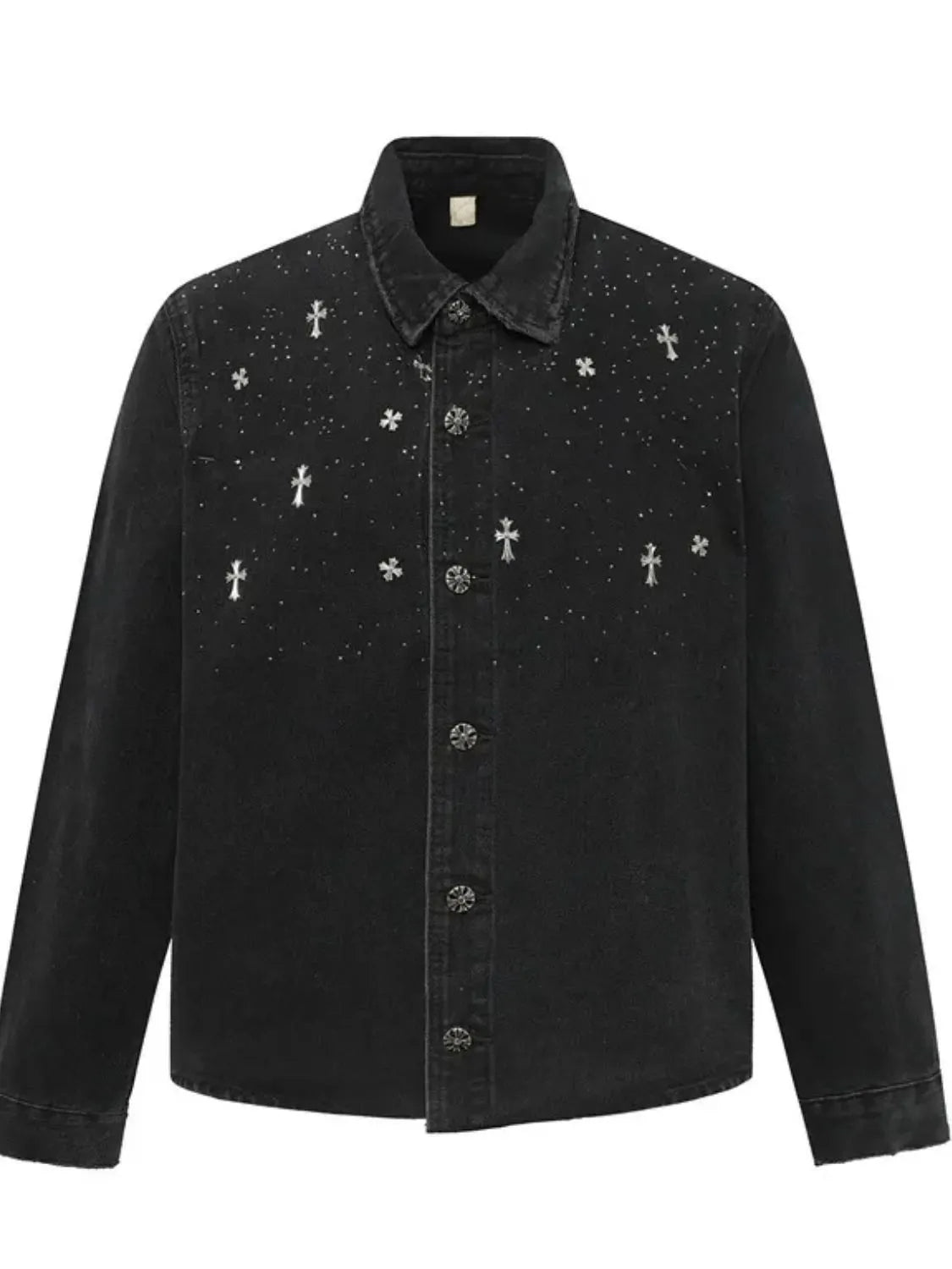 Men's Plus Size Cross Button Up Long Sleeve Denim Jacket Nostalgic Black - Fashorio