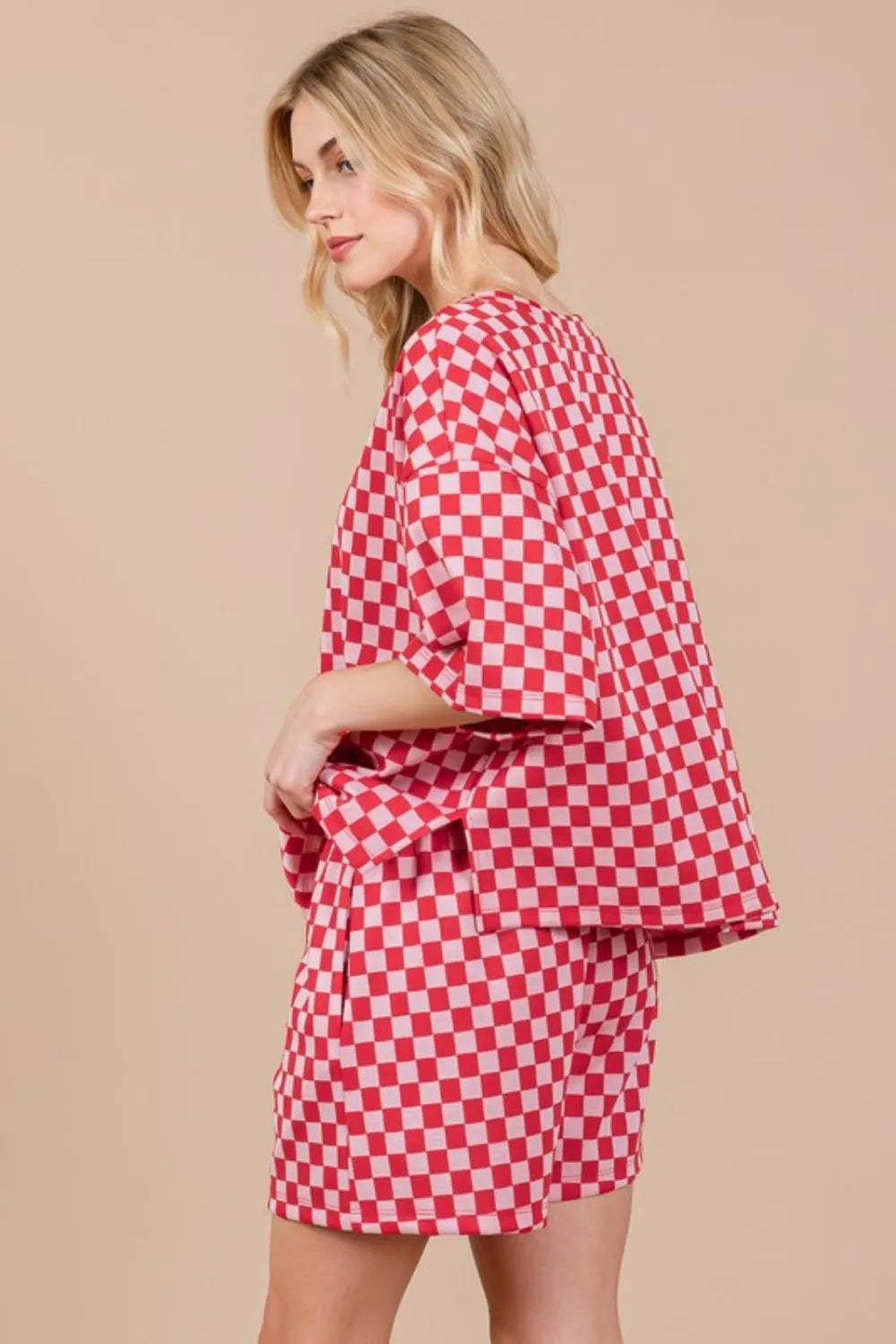 Ces Femme Checkered Round Neck Top and Shorts Set - Fashorio