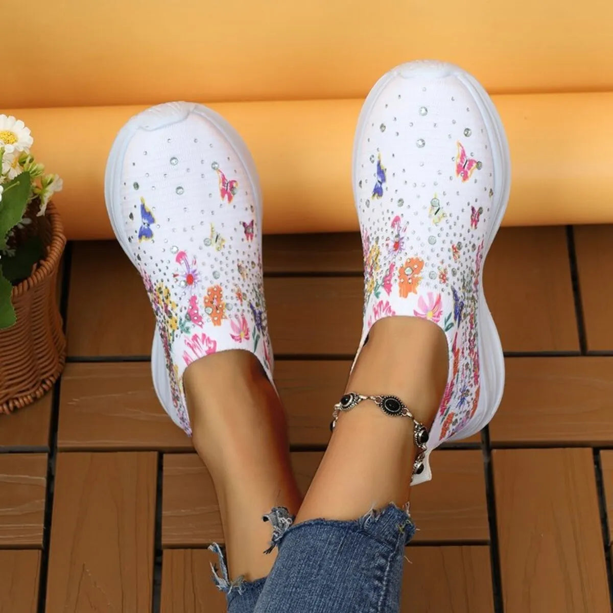 Rhinestone Floral Print Sneakers - Fashorio