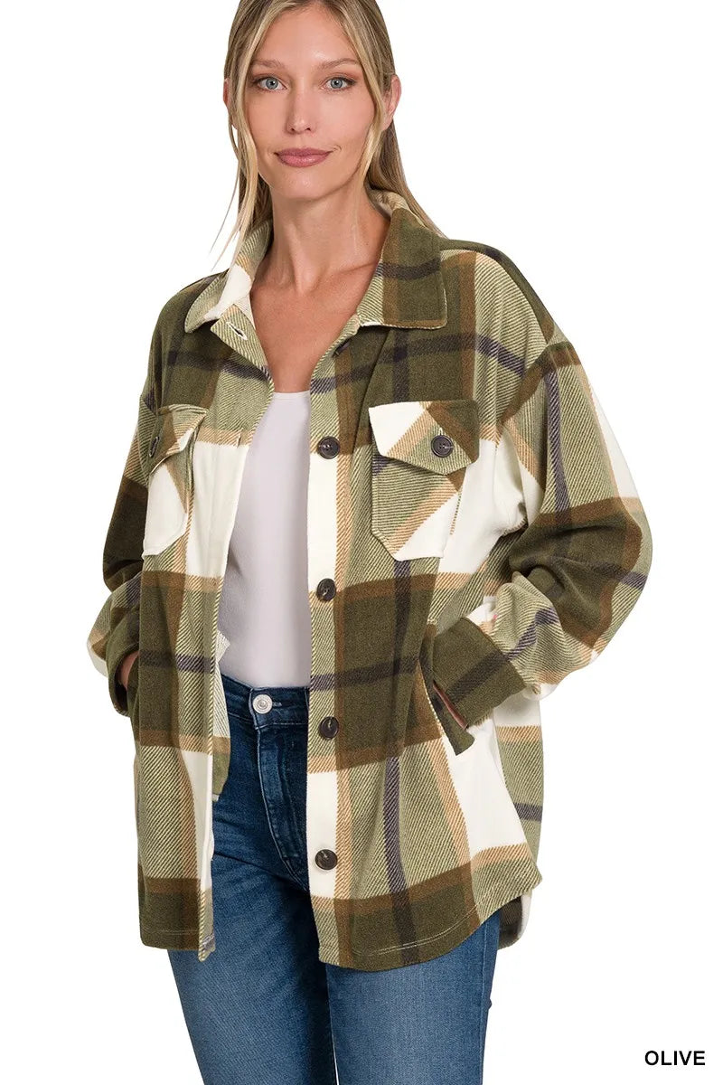 Zenana Oversized Plaid Fleece Shacket - Fashorio