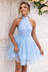Halter Neck Backless Mesh Dress Pastel Blue - Fashorio