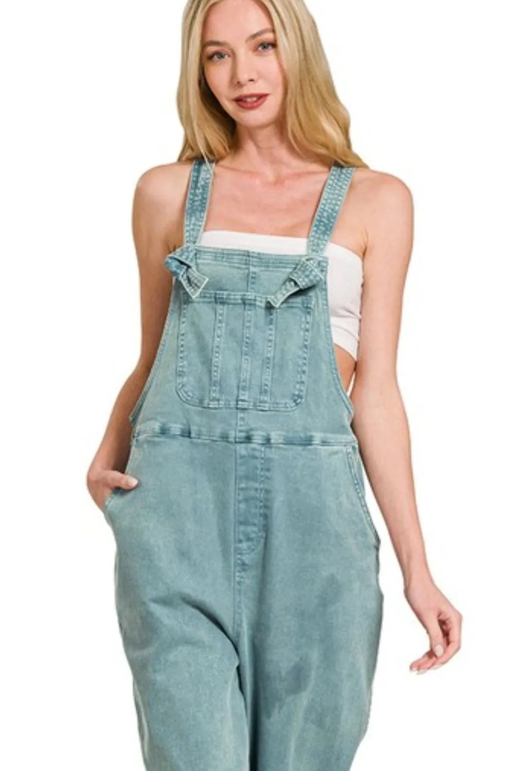 Zenana Washed Knot Strap Relaxed Fit Overalls - Fashorio
