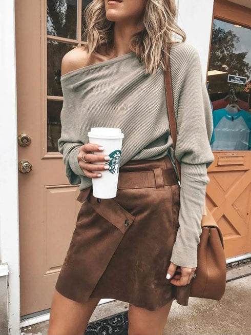 Full Size One-Shoulder Ribbed Sweater Plus Size Khaki - Fashorio