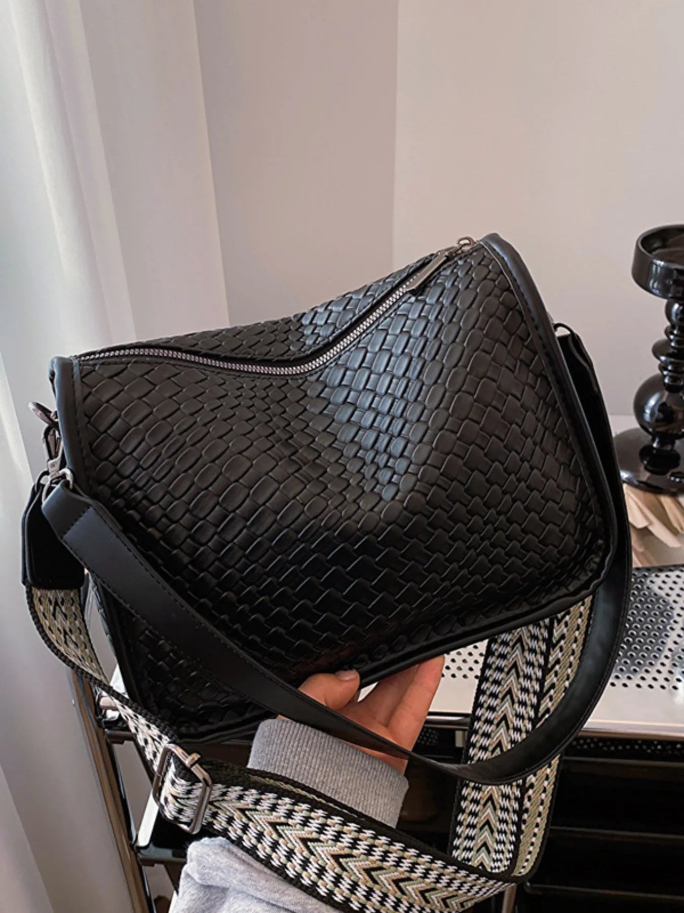 Textured Leather Shoulder Bag Black One Size - Fashorio