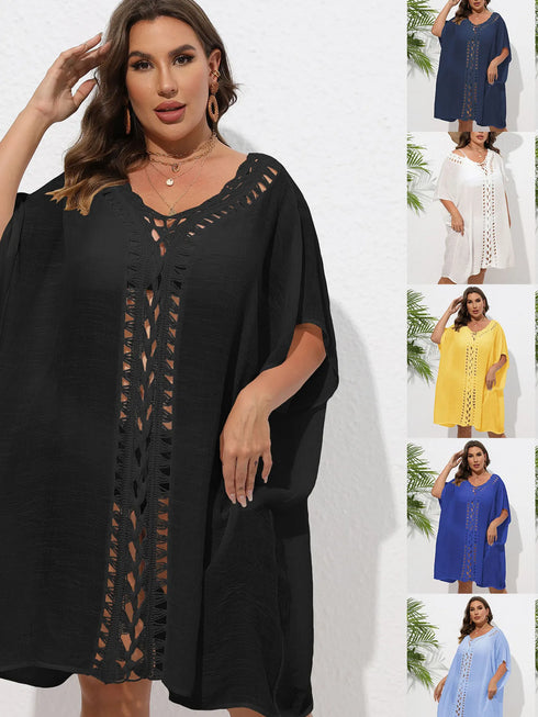 Crochet Trim V-Neck Beach Cover Up Dress - Fashorio