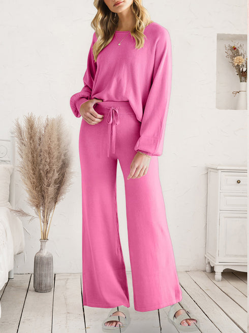 Long Sleeve Lounge Top and Drawstring Pants Set Pink - Fashorio
