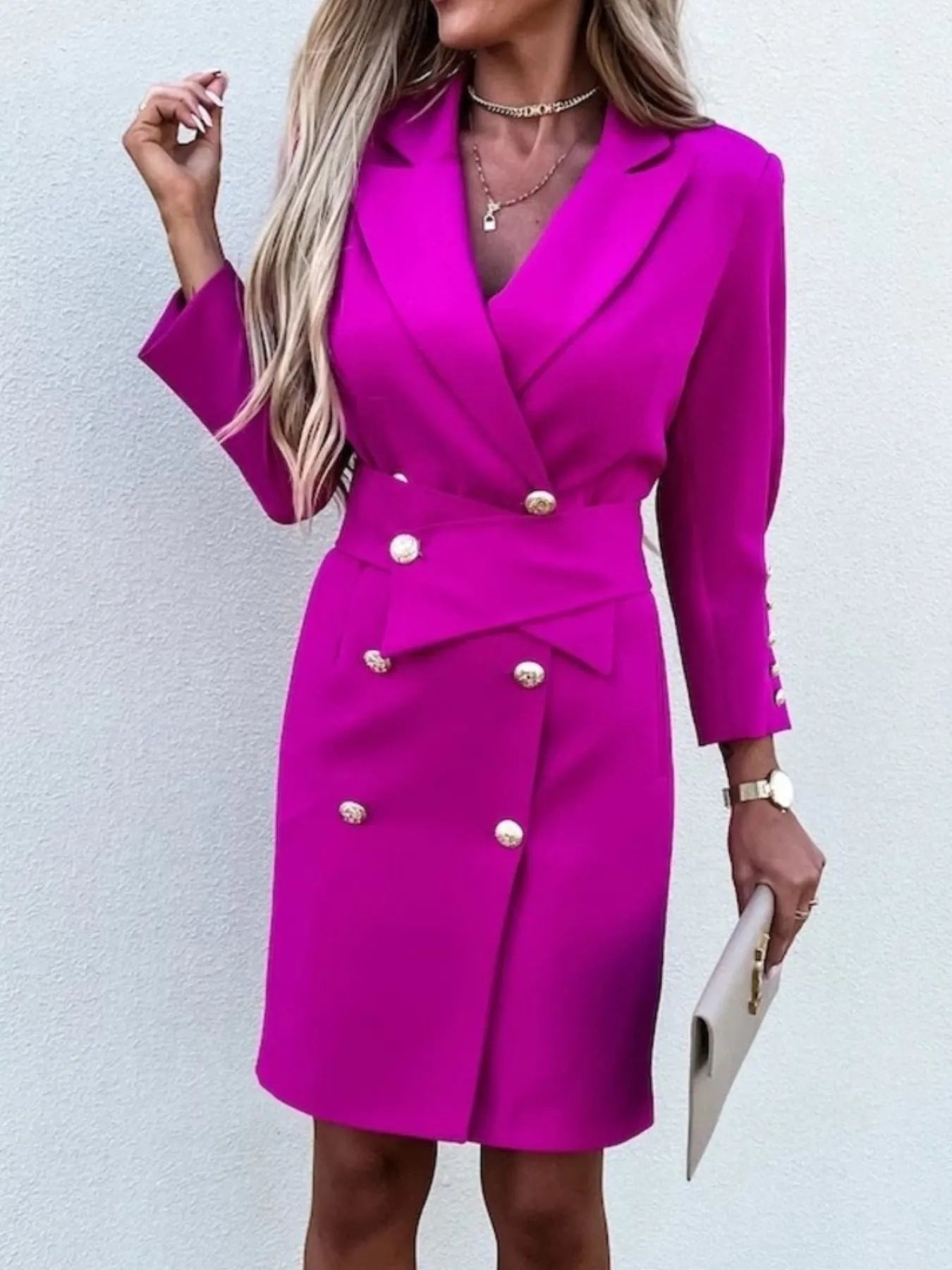 Double-Breasted Lapel Collar Longline Blazer - Fashorio